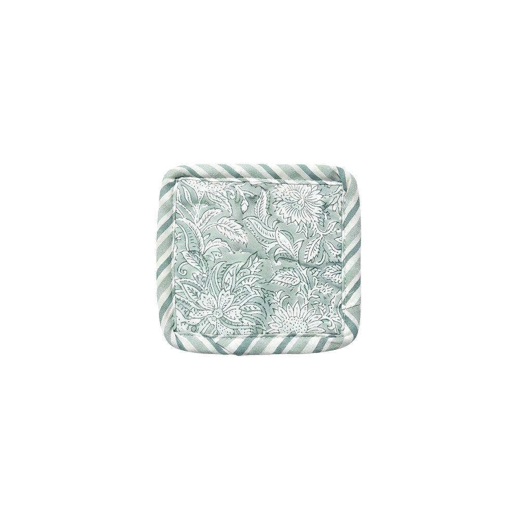 Coaster with floral pattern and striped border on a white background