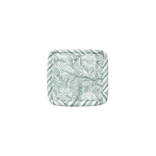 Coaster with floral pattern and striped border on a white background