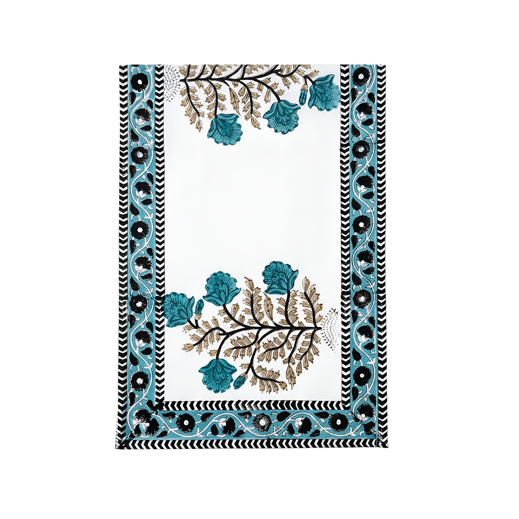 Decorative table runner with floral pattern on a white background