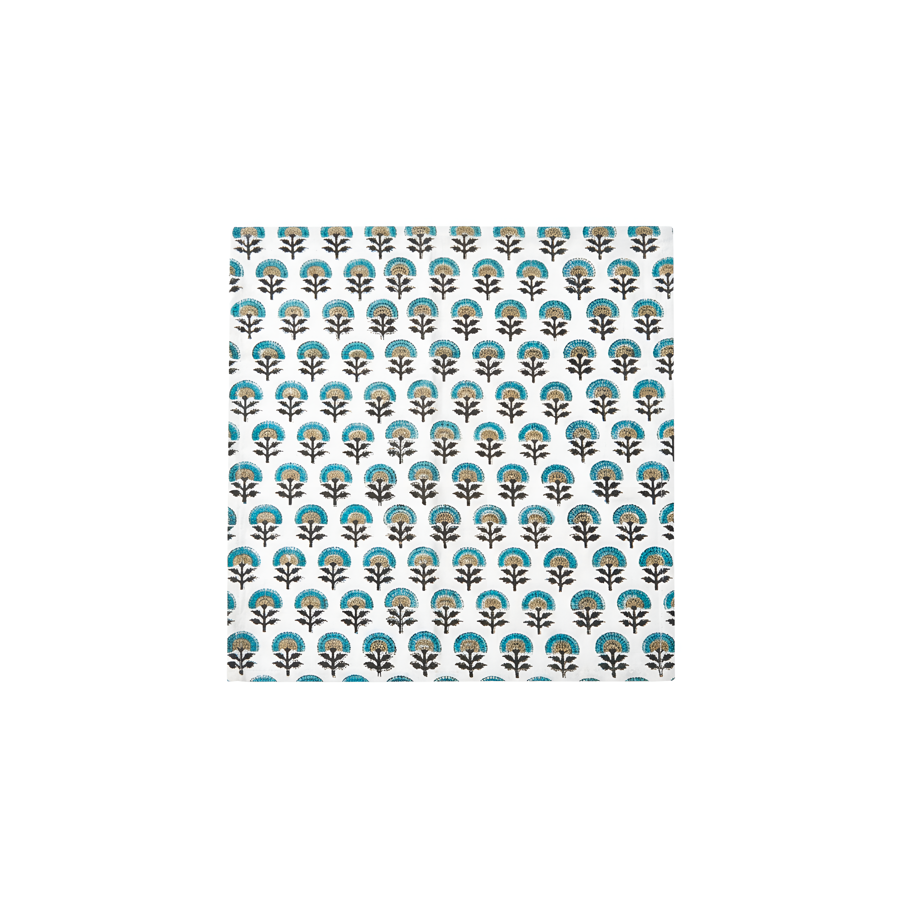 Blue, black, and beige floral pattern napkin on white background.