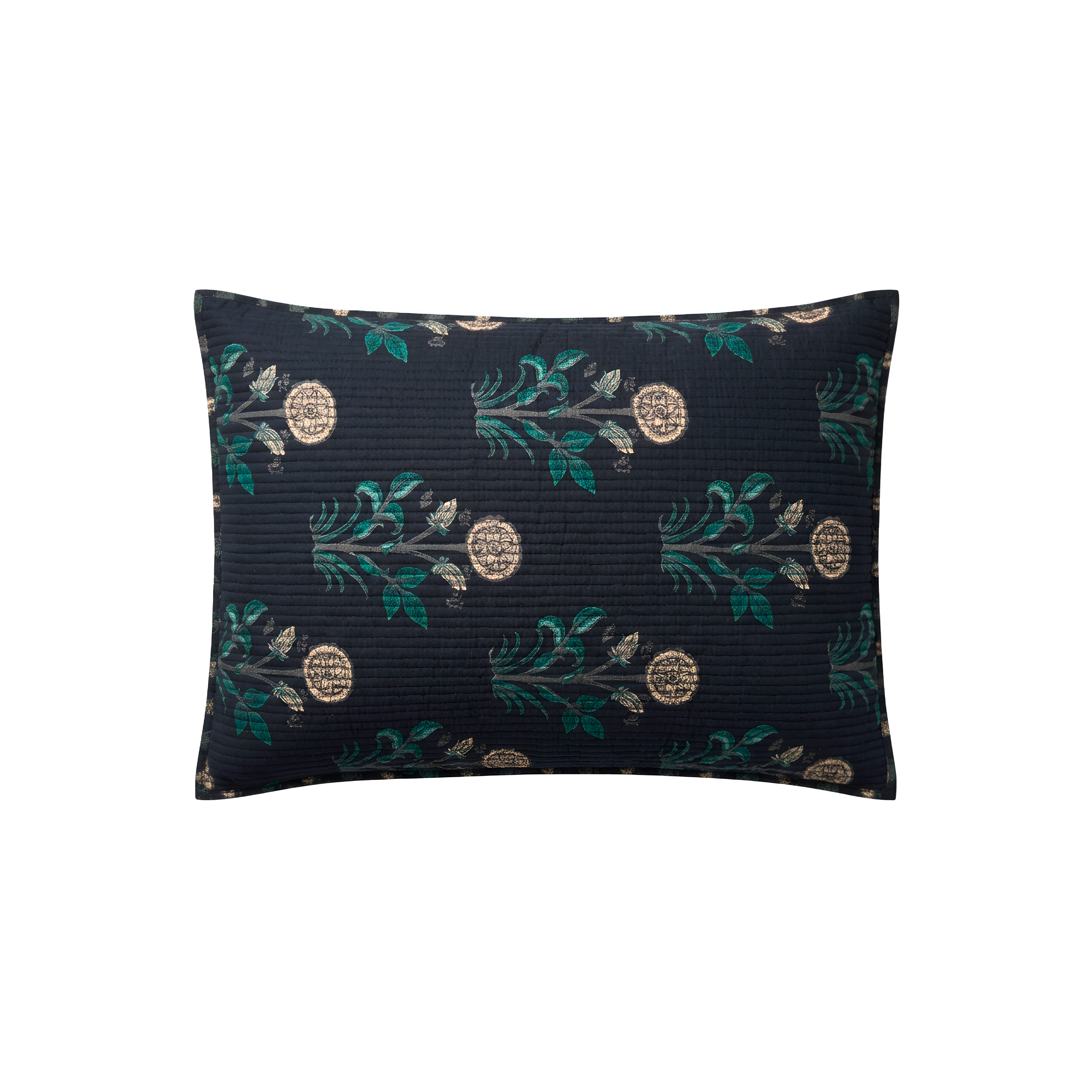 Decorative pillow with floral pattern on a white background.