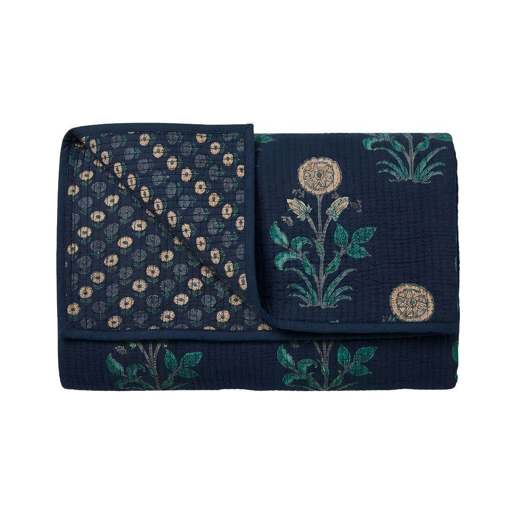 Floral patterned quilt folded to show smaller floral pattern on other side, on white background. 