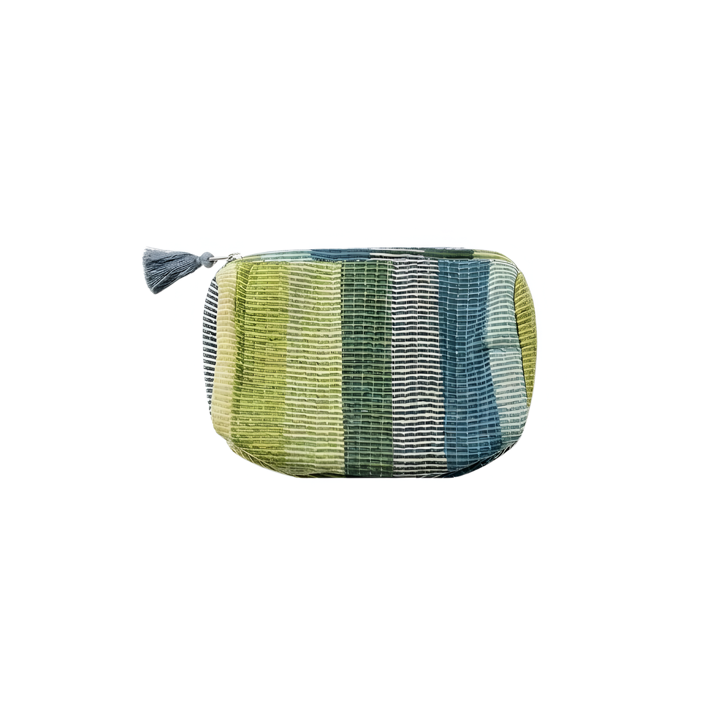Striped fabric pouch with tassel on a white background