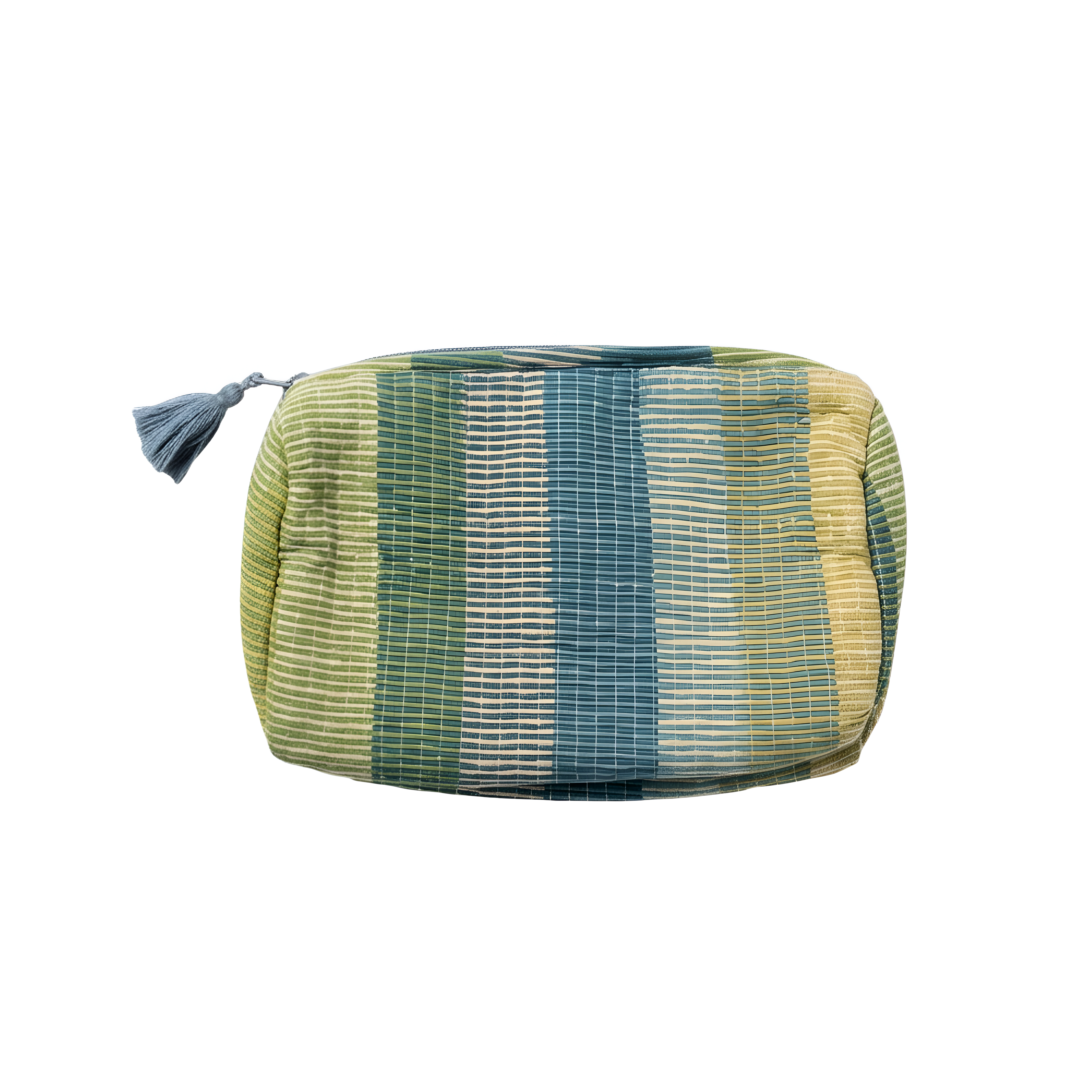 Green and blue striped pouch with a tassel on a white background