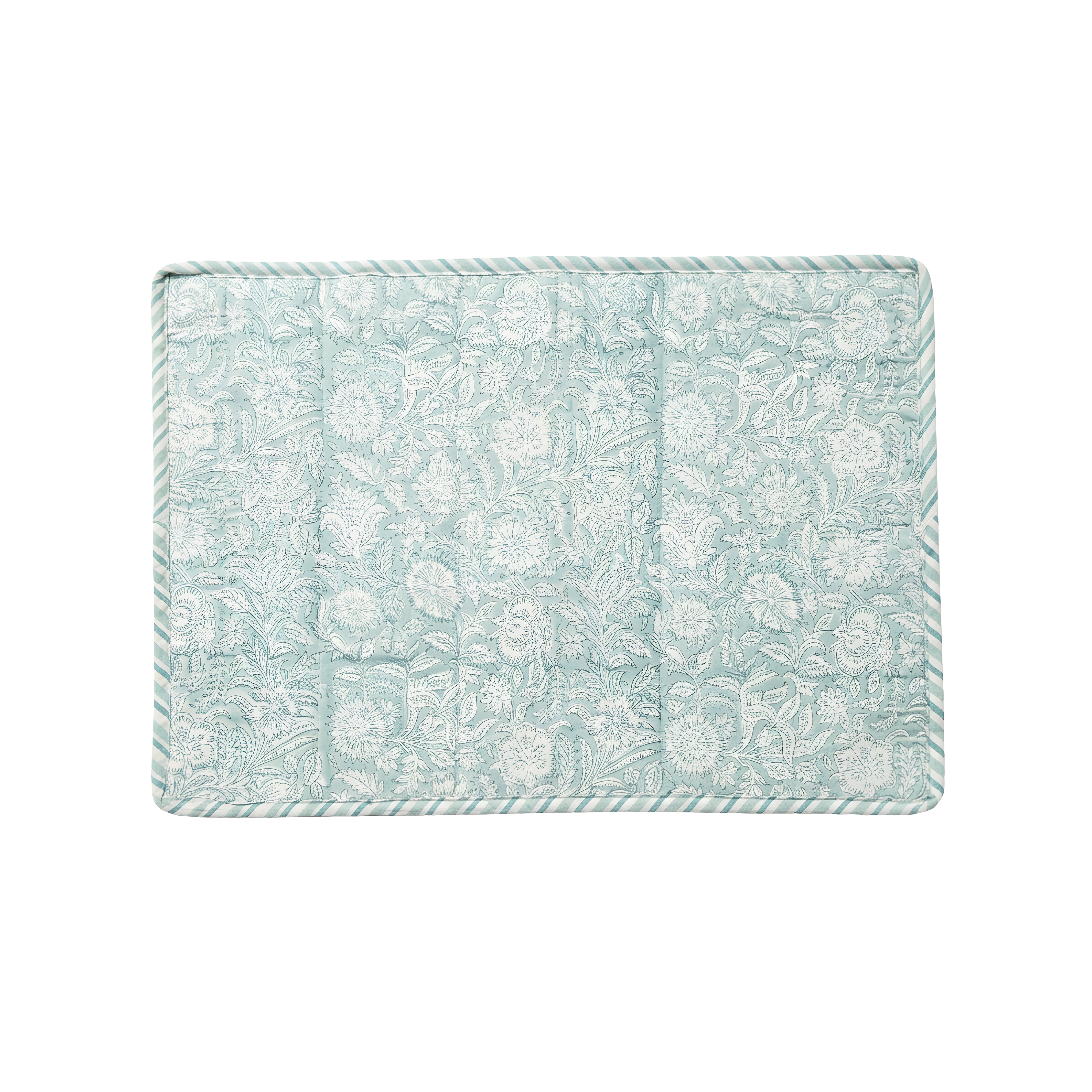 Floral patterned placemat on white background.