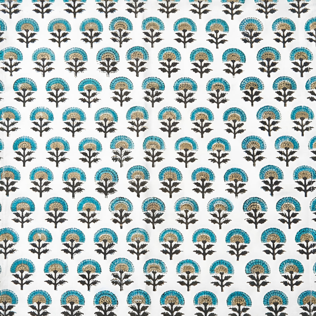 Pattern of blue, black, and beige floral designs on a white background