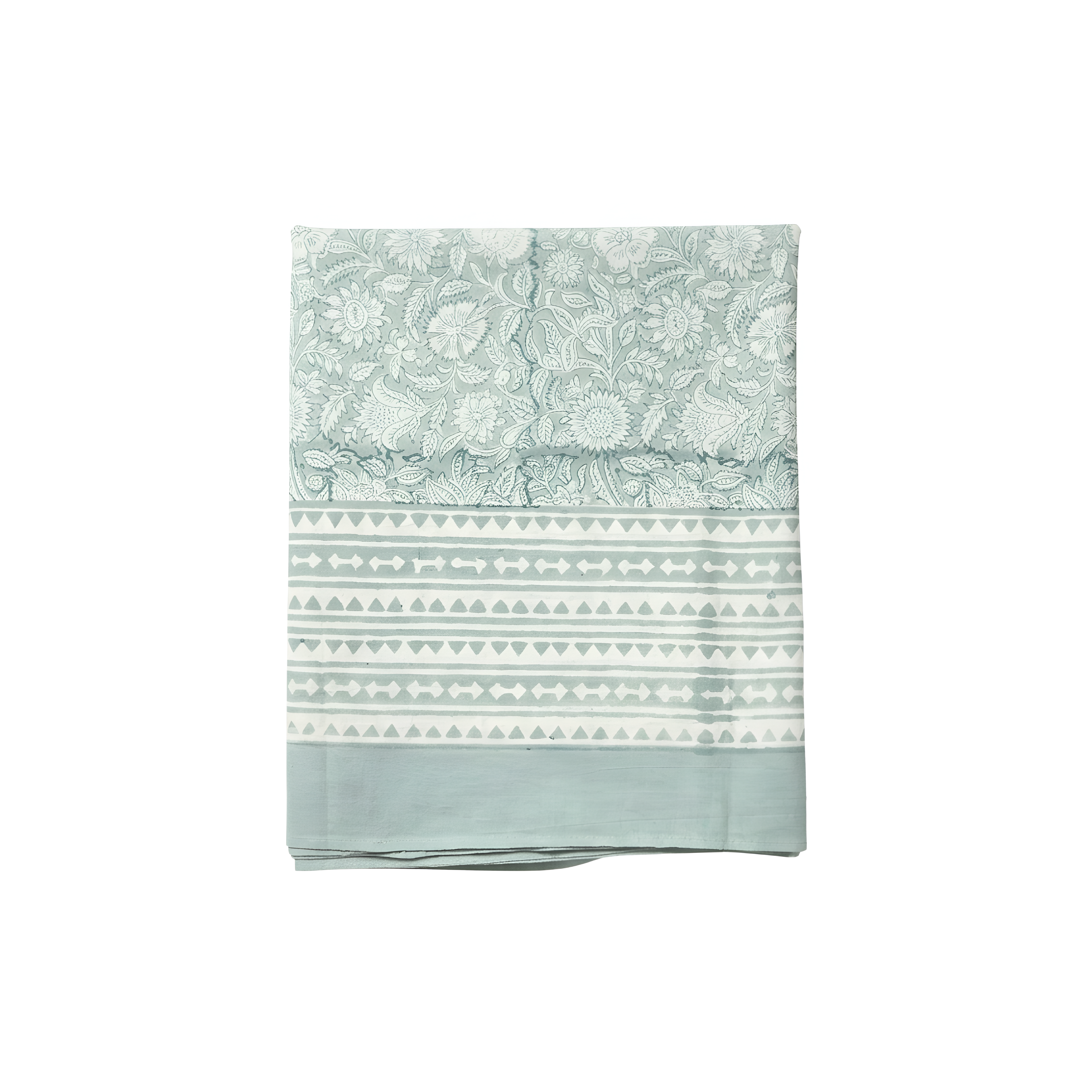 Floral and geometric table cloth on white background. 