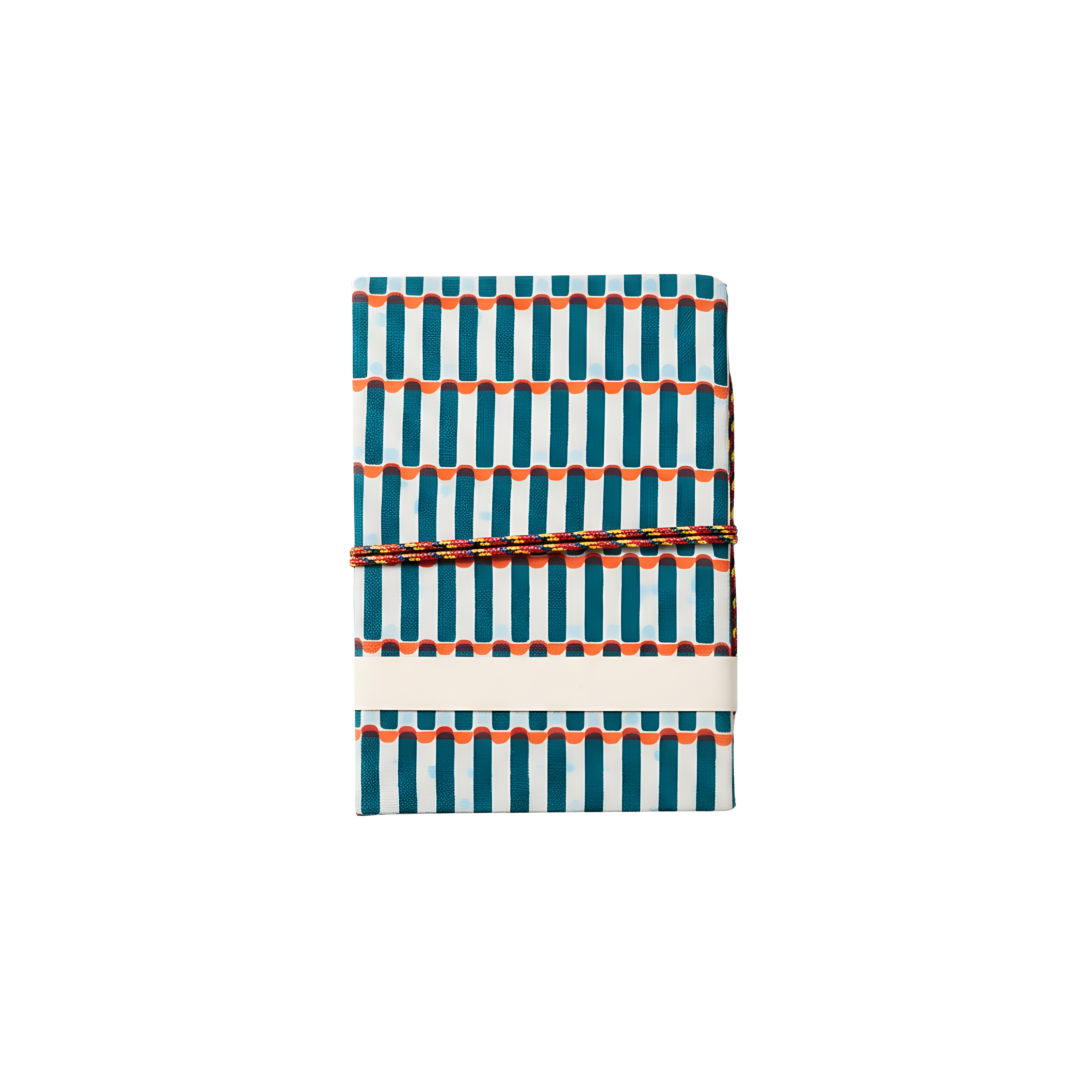 Back of geometric patterned notebook with orange string on a white background