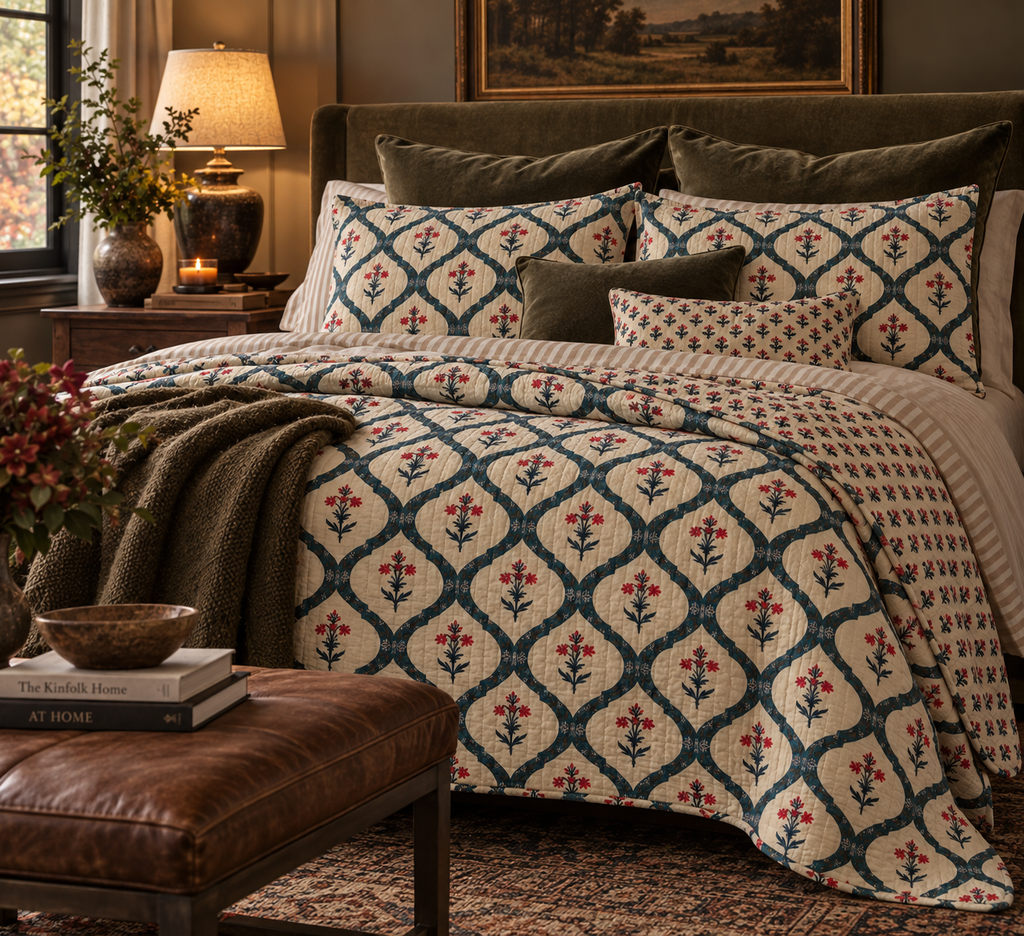 a bed with pillows and a blanket in a room
