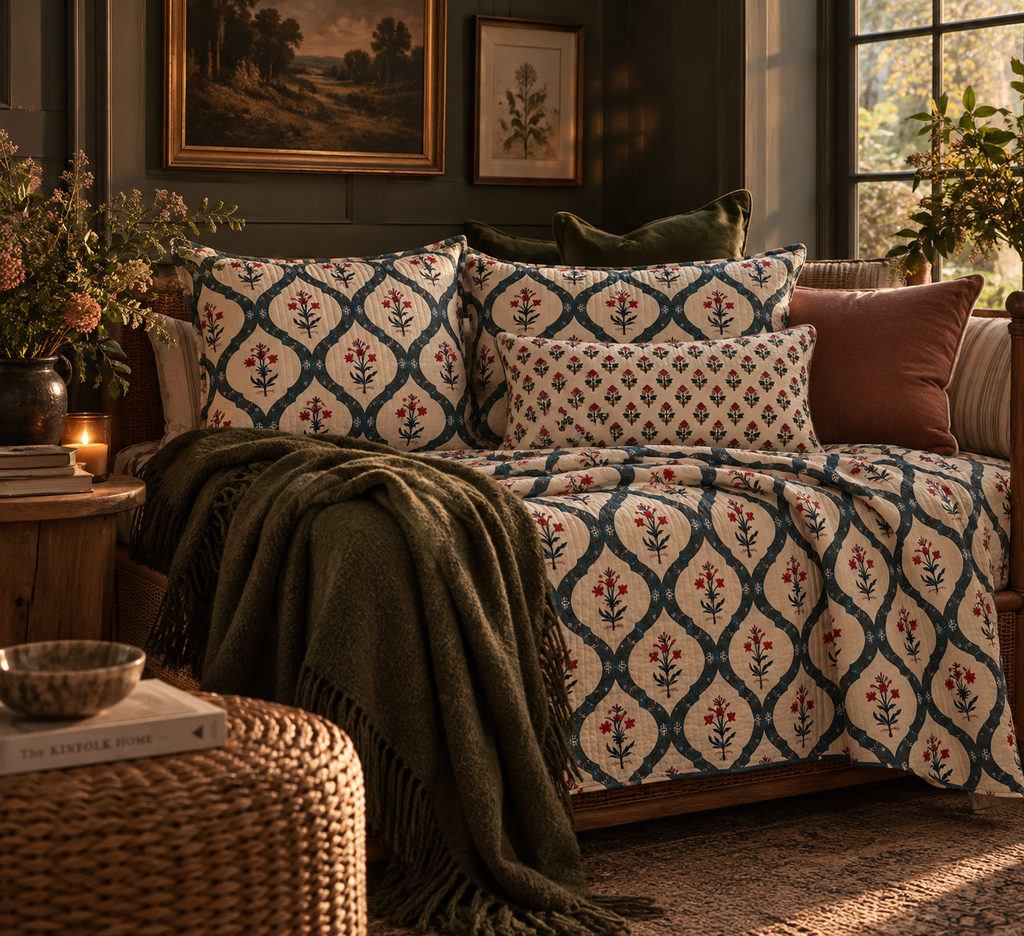 a couch with pillows and blankets in a room with a window