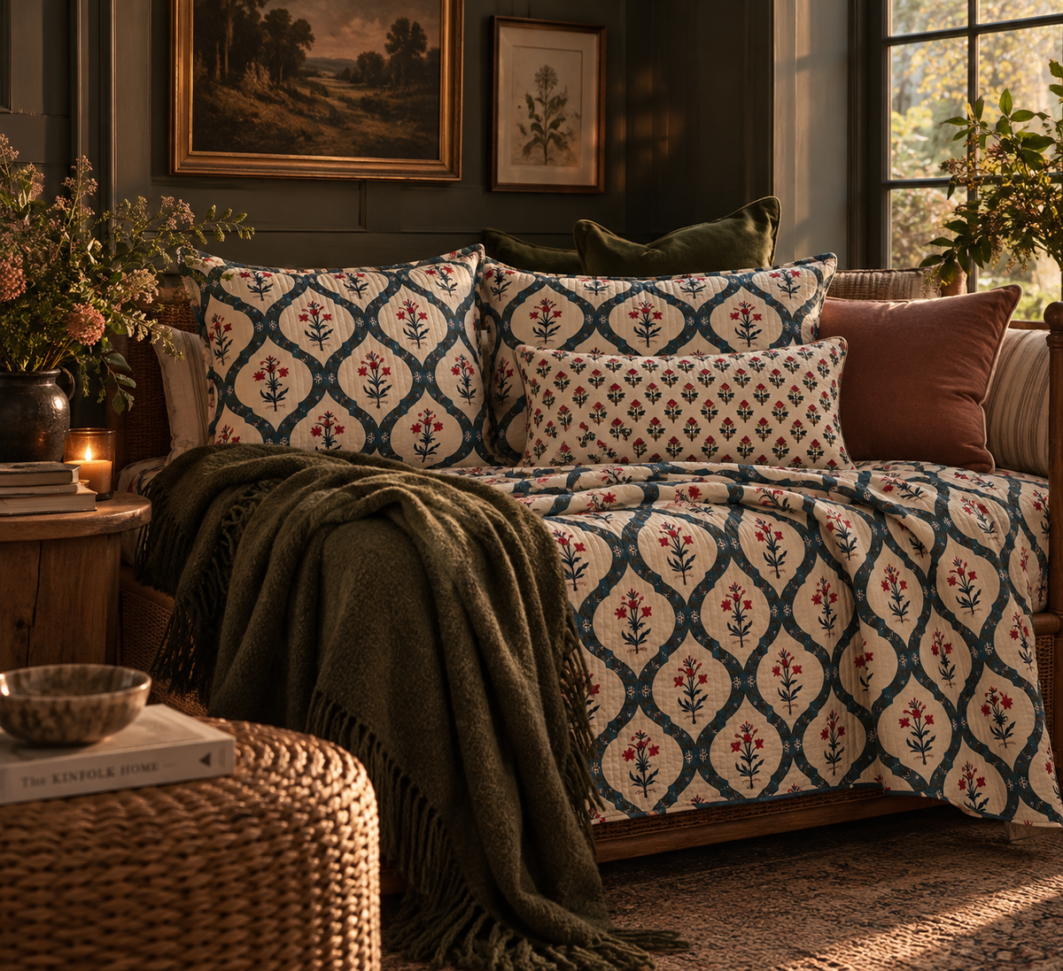 a couch with pillows and blankets in a room with a window