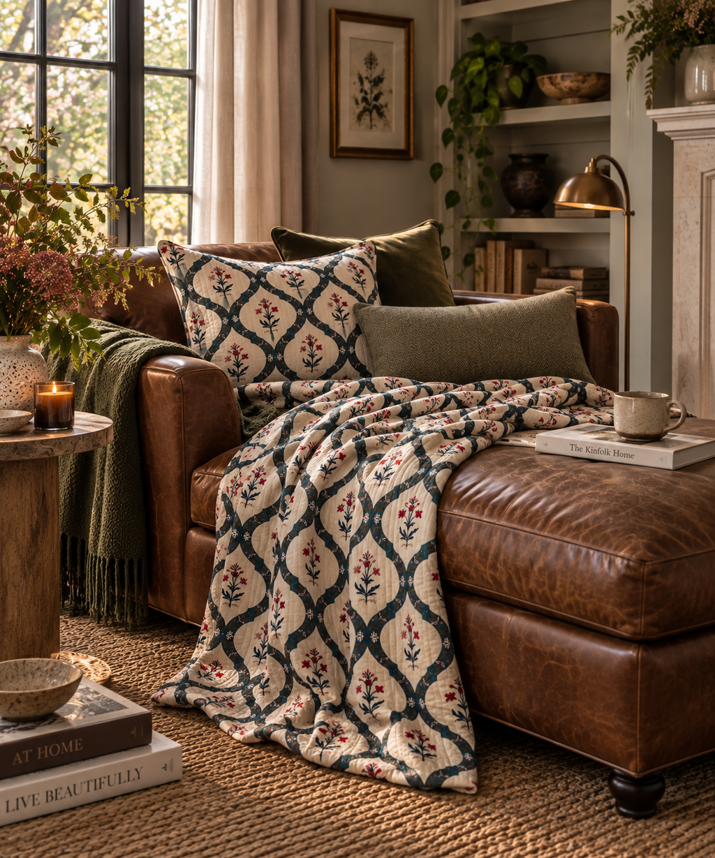 a couch with pillows and a blanket on it
