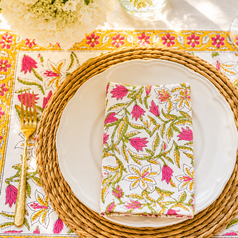 A folded napkin with a vibrant pink, green, and yellow floral block-print pattern is styled on a white plate over a round woven straw placemat, set on a matching floral placemat with a gold fork.