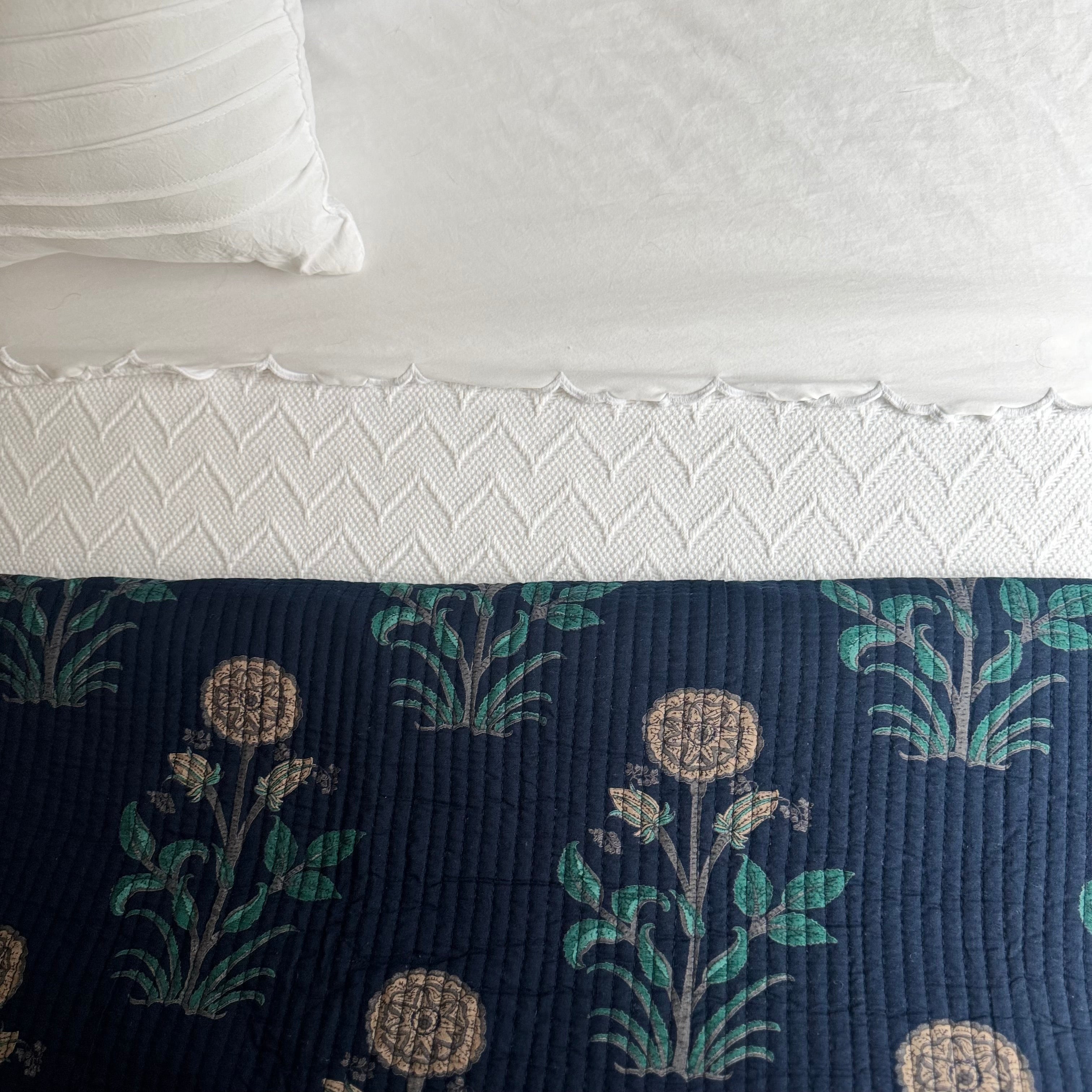 Blue floral quilt on bed with white blanket, sheets, and pillow.