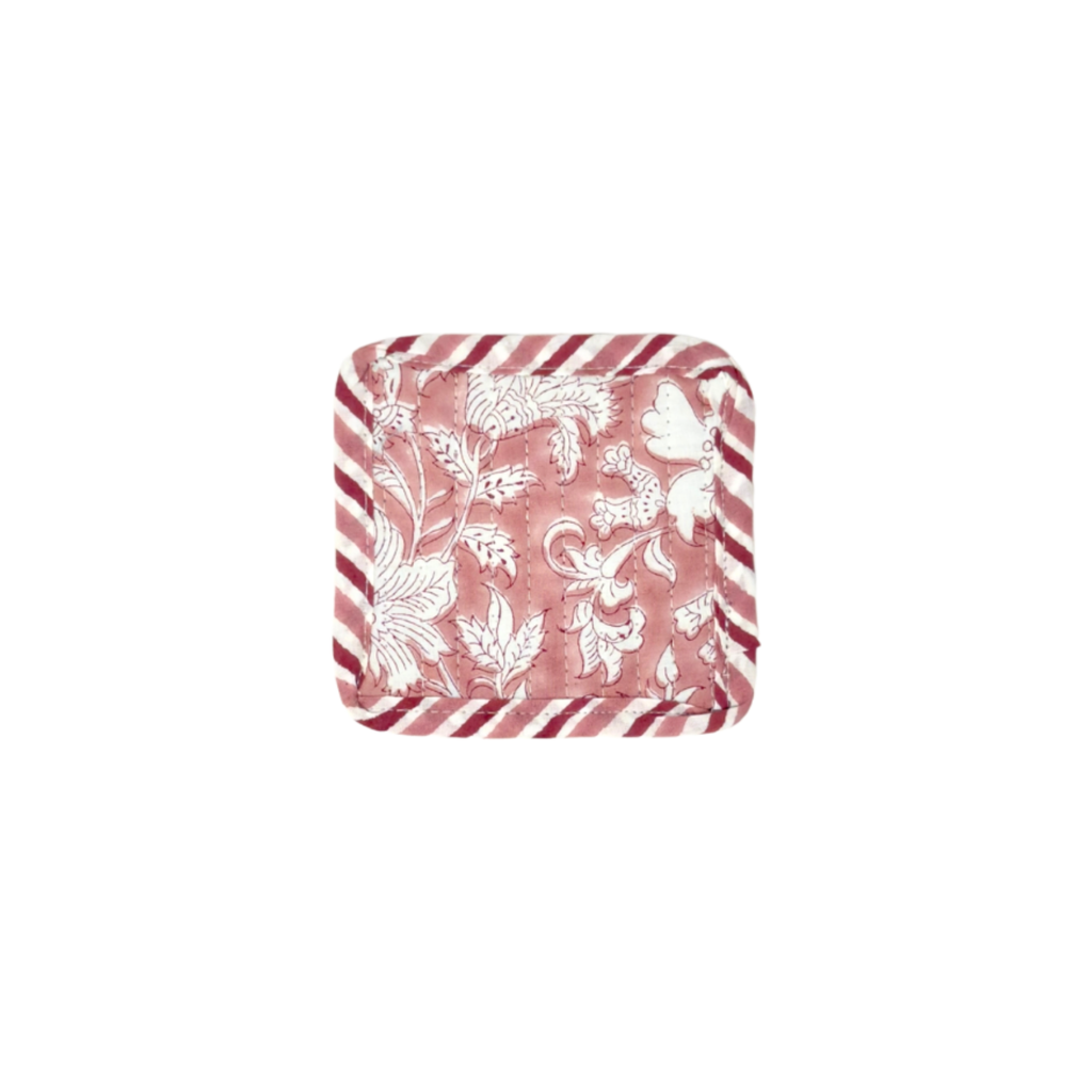 Square coaster with floral pattern and red stripes on a white background
