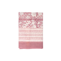 Pink tablecloth with floral and geometric patterns on a white background