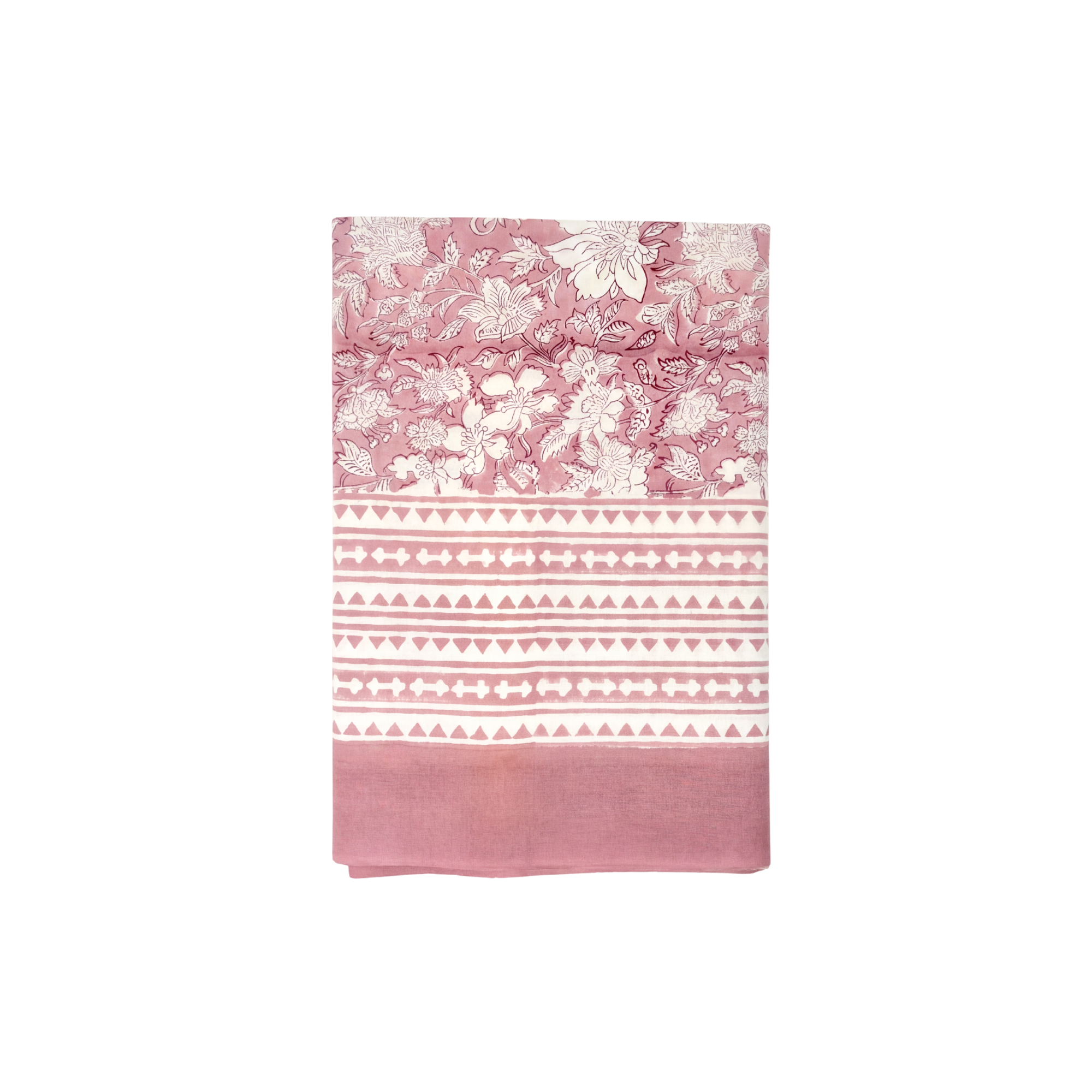 Pink tablecloth with floral and geometric patterns on a white background