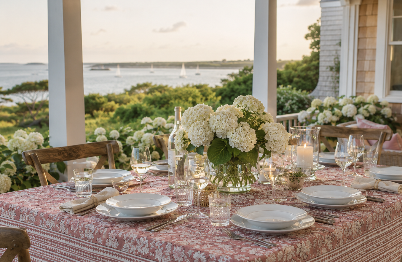 Dining table set for a meal with a floral tablecloth, plates, and glasses outdoors.
