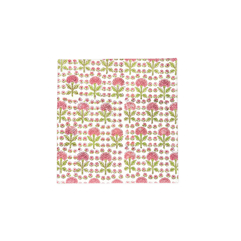 Floral patterned napkin with pink and green flowers on a white background