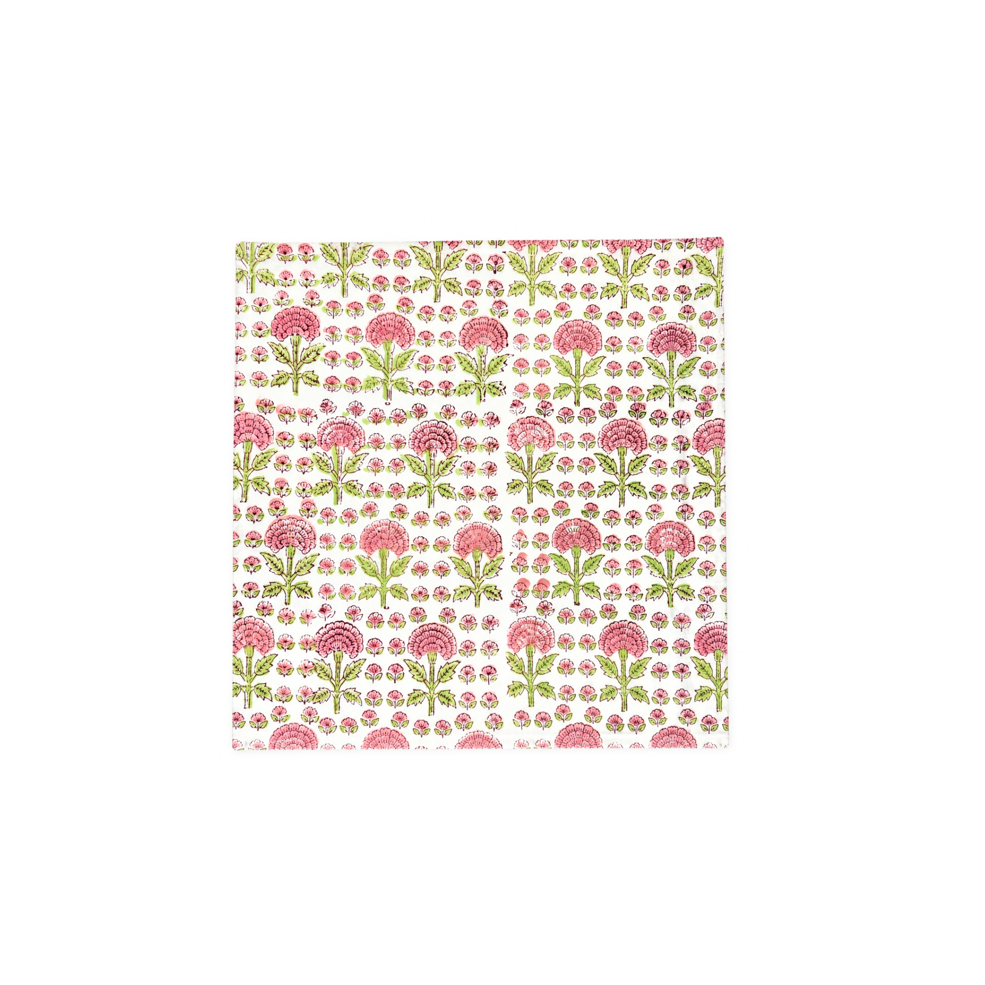 Floral patterned napkin with pink and green flowers on a white background