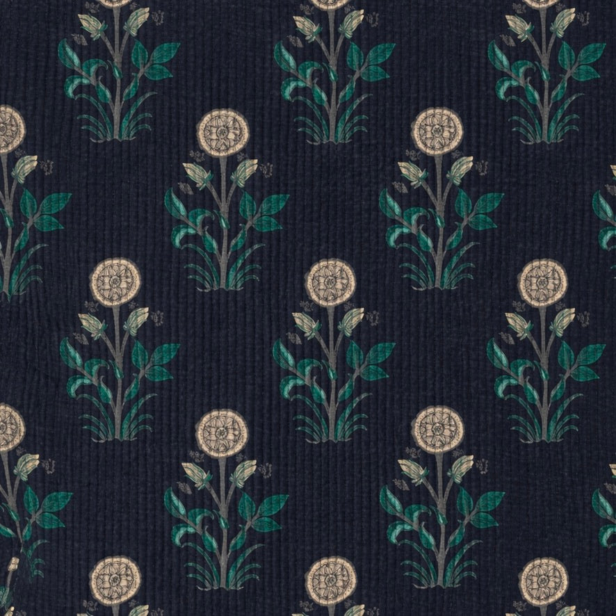 Patterned fabric with floral design on a dark blue background